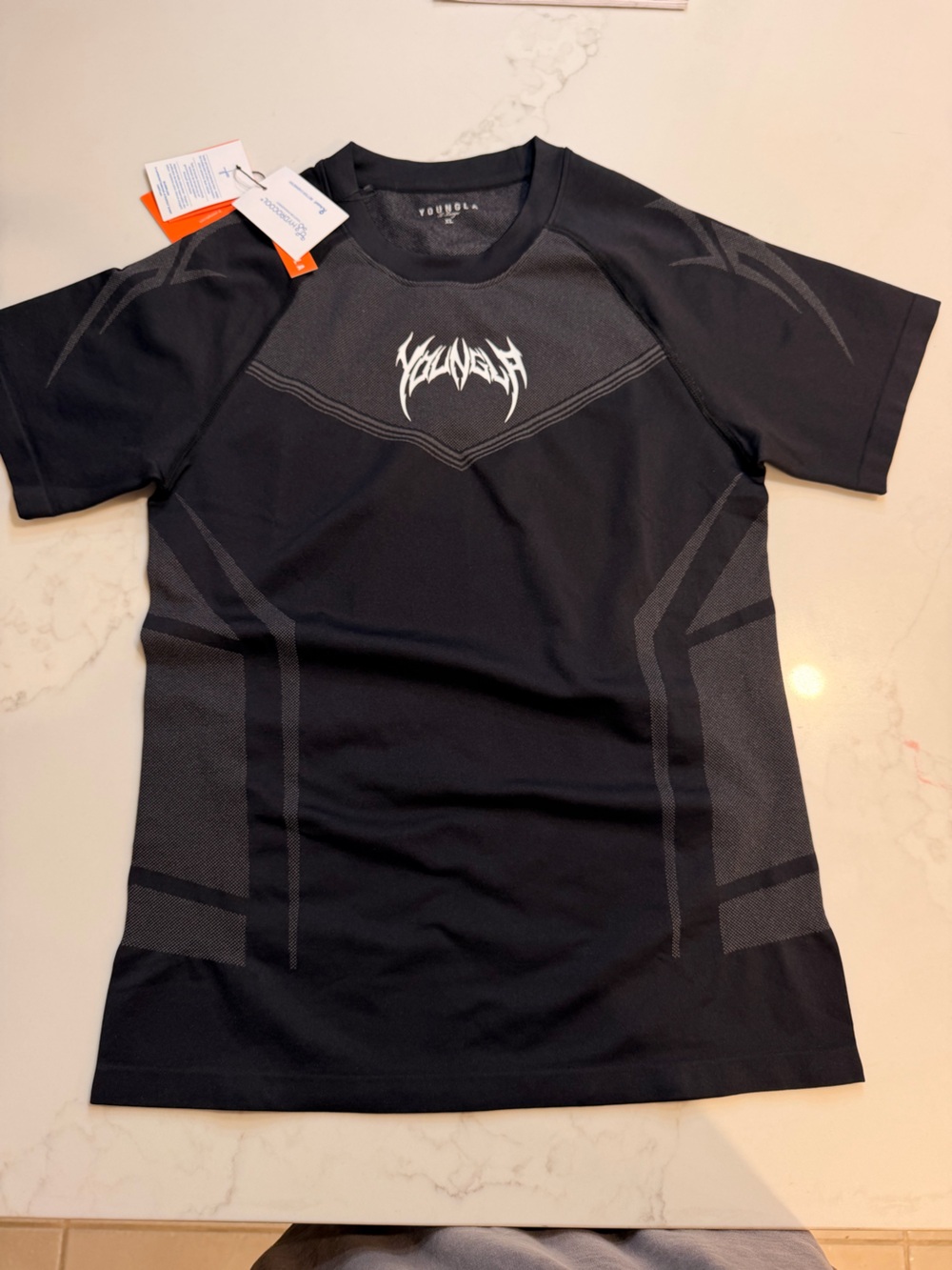 YoungLA Black Short-Sleeve Performance Tee with Subtle Gray Accents